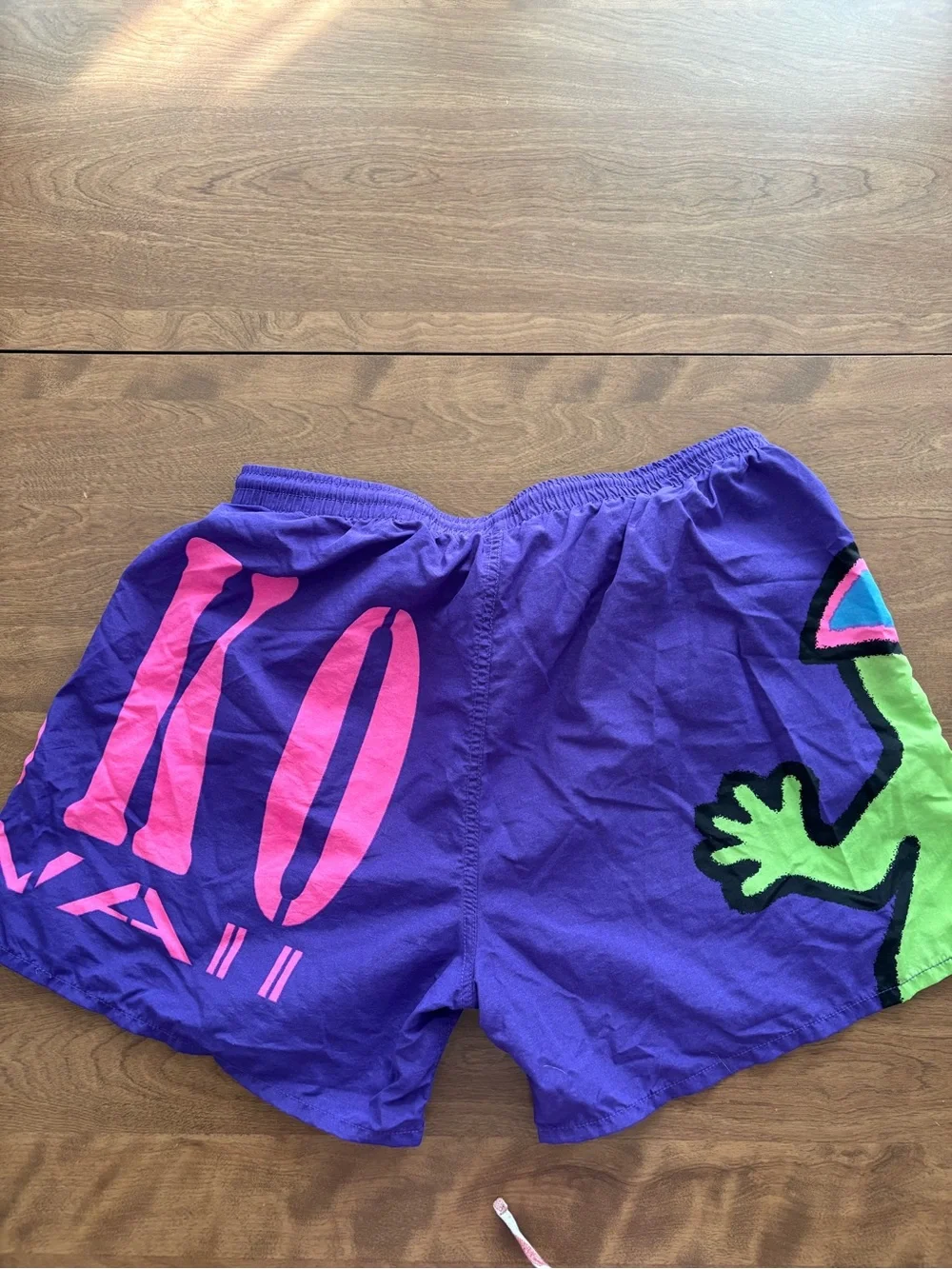 Vintage Gecko Hawaii Purple Graphic Swim Shorts with Neon Accents